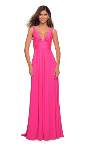 La Femme 30669 Floor-Length Plunging V-Neck A-Line Prom Dress with Side Slit