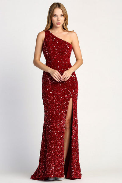 Prom Dresses Fitted Long Sequin Formal Slit Evening Dress Burgundy