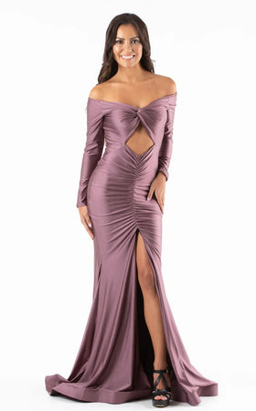 Jessica Angel JA306 Off-Shoulder Fitted Ruched Slit Prom Formal Jersey Dress
