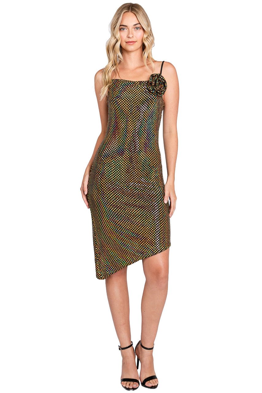 Lenovia 3072 Metallic Asymmetric Cowl Neck Nylon Dress