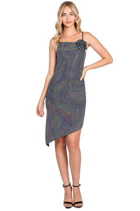 Lenovia 3072 Metallic Asymmetric Cowl Neck Nylon Dress