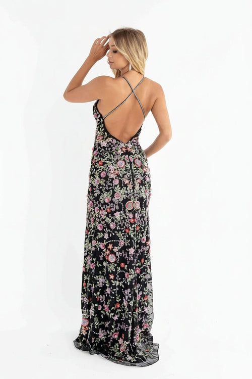 Primavera Couture 3073 Long Floral Beaded Fitted Prom Dress