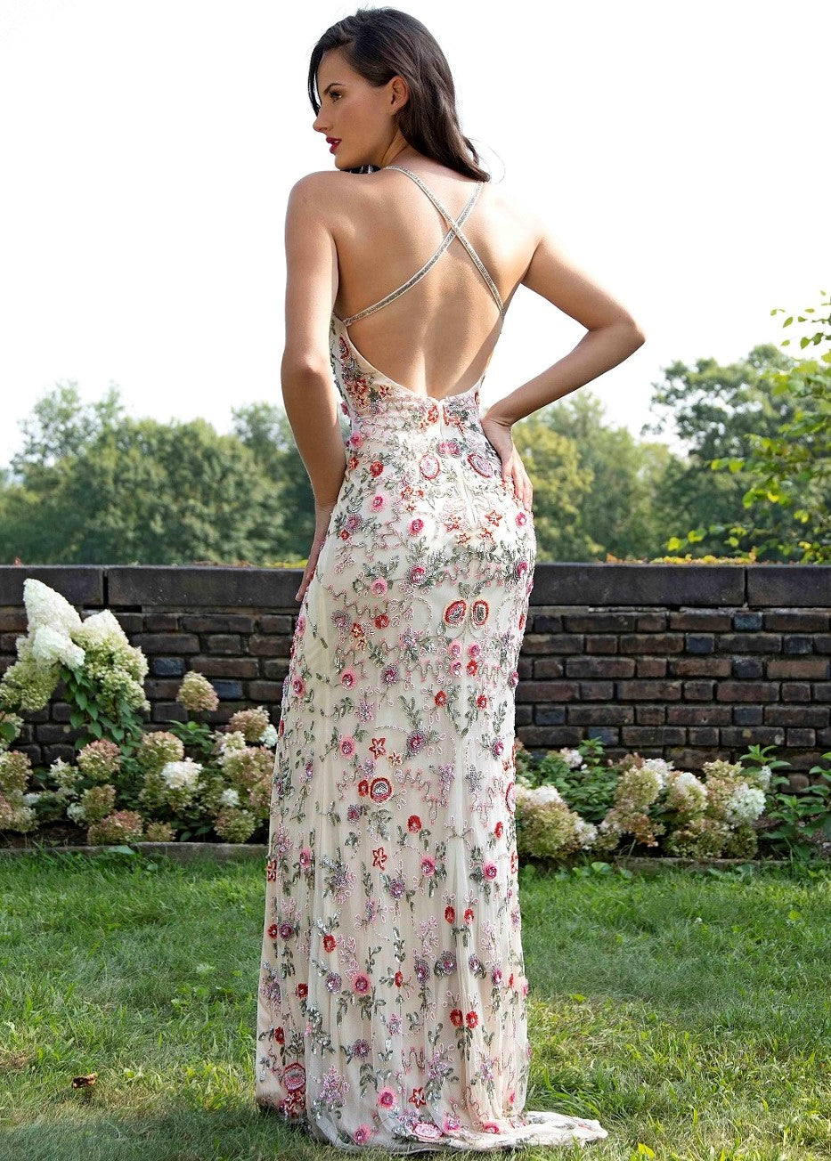 Primavera Couture 3073 Long Fitted Floral Beaded Prom Dress