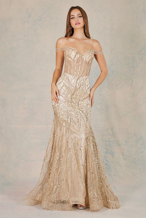 Prom Dresses Fitted Long Formal Glitter Mermaid Printed Prom Dress Champagne