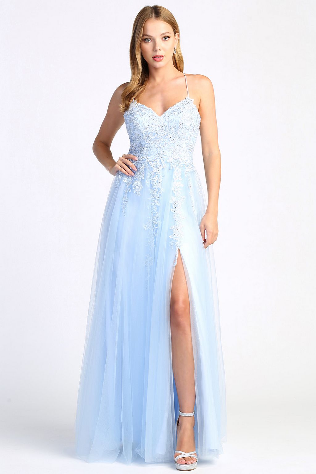 Prom Dresses Long Formal A Line Lace Applique Prom Dress Baby Blue
