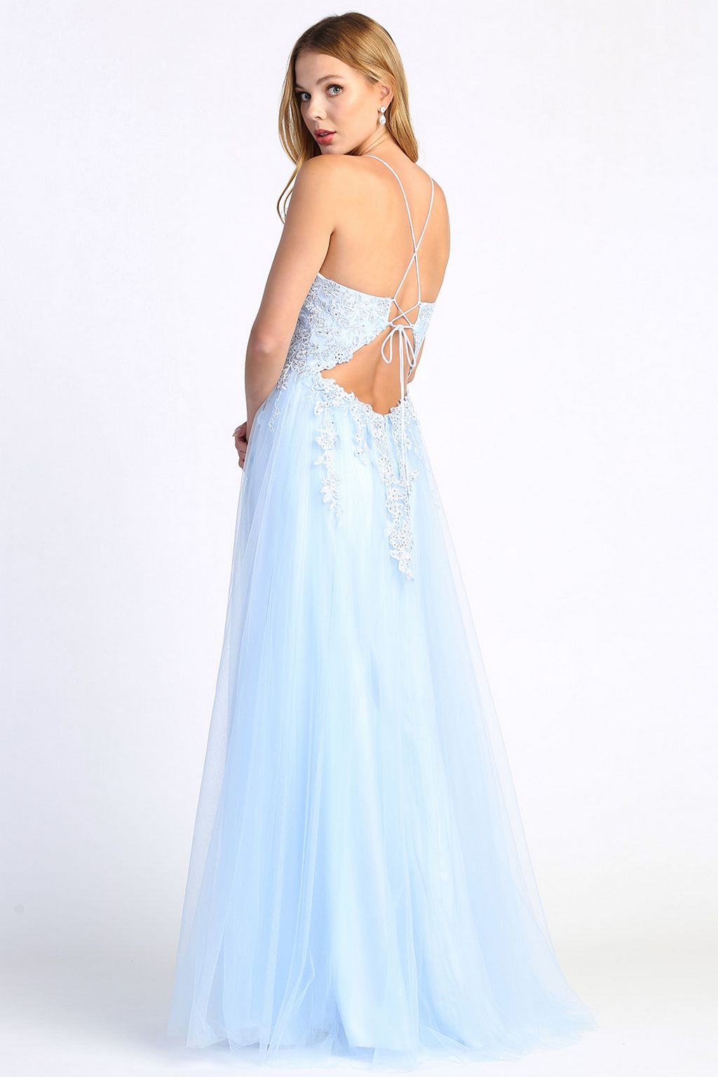 Prom Dresses Long Formal A Line Lace Applique Prom Dress Baby Blue