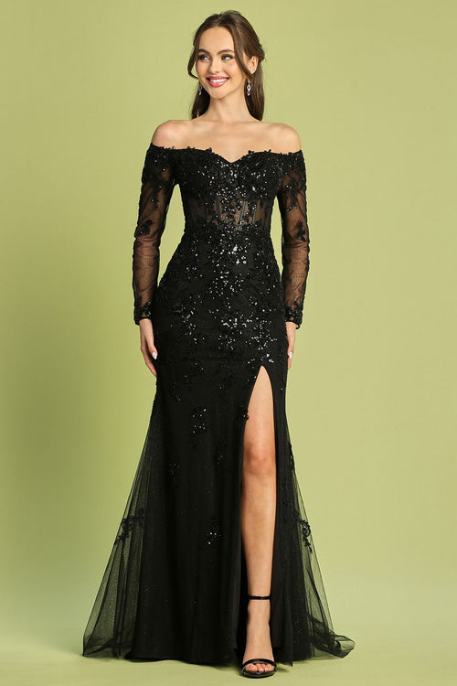 Prom Dresses Beaded Long Slit Formal Sequin Prom Dress   Black