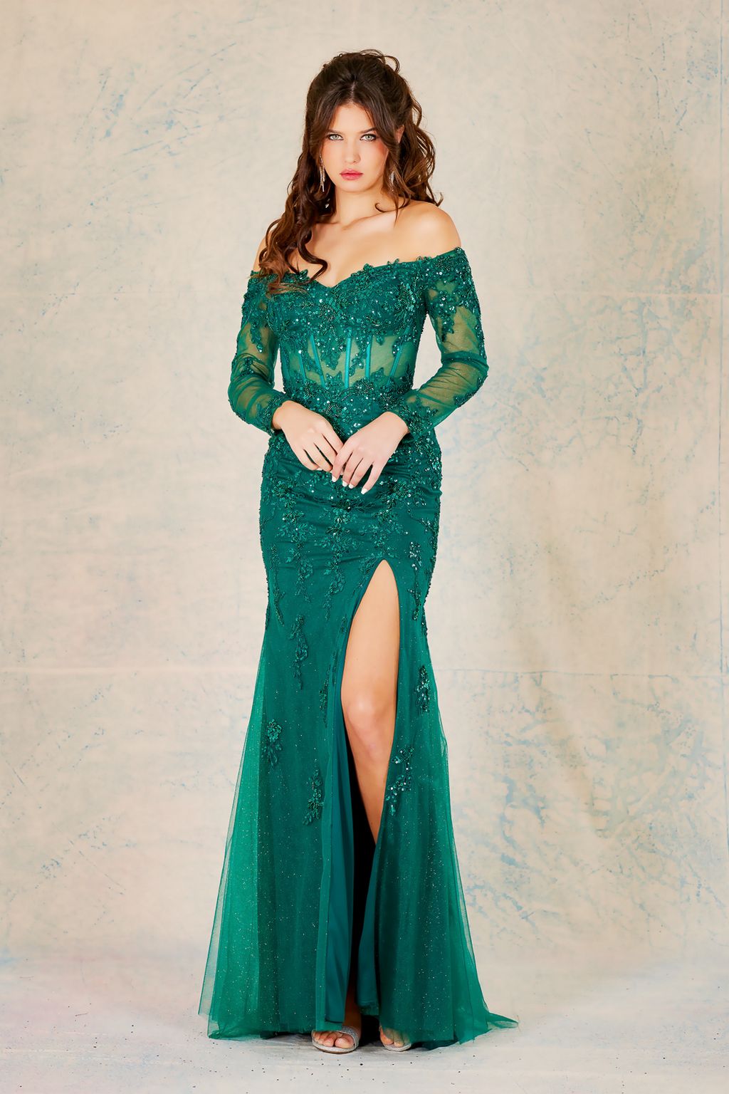Prom Dresses Beaded Long Slit Formal Sequin Prom Dress   Emerald