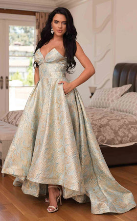 Jessica Angel JA307 Strapless V-Neck A-Line Open Back Train Brocade Dress