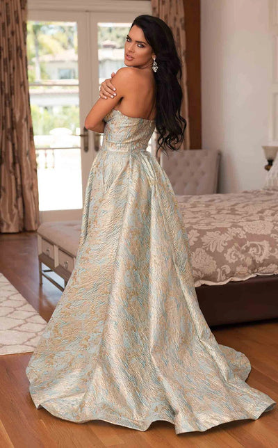 Jessica Angel JA307 Strapless V-Neck A-Line Open Back Train Brocade Dress
