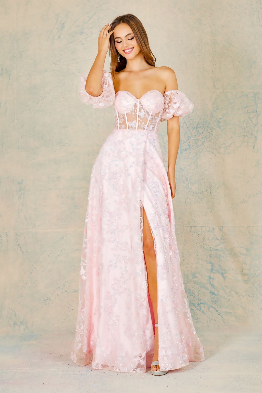Prom Dresses Long Lace Prom Glitter Slit Formal Dress Blush