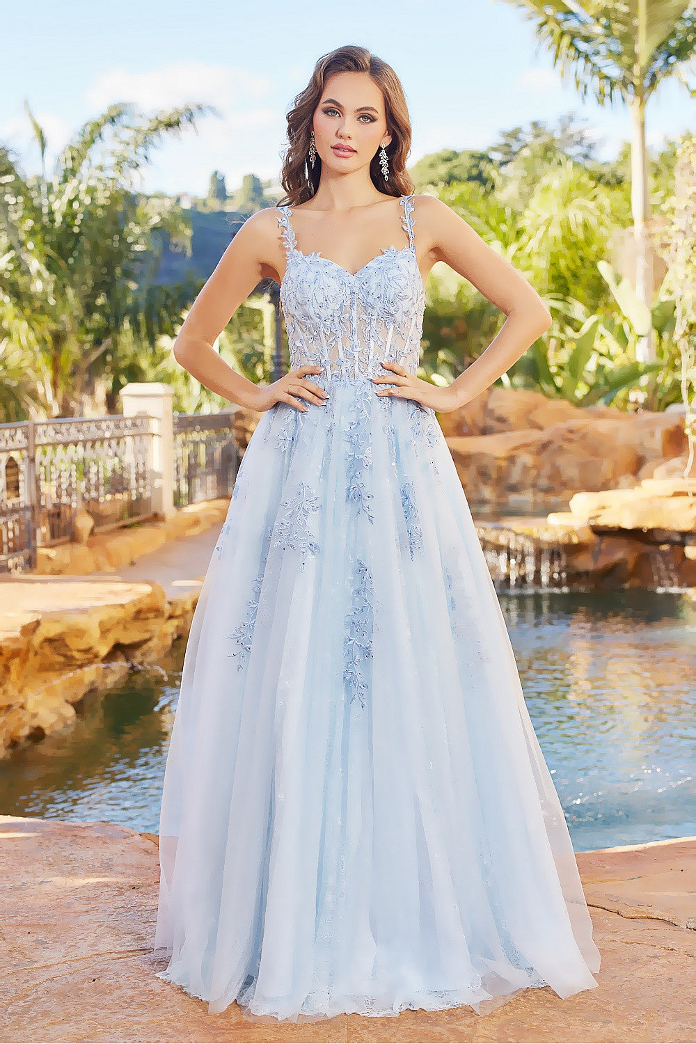 Prom Dresses Long A Line Corset Formal Applique Prom Dress Baby Blue