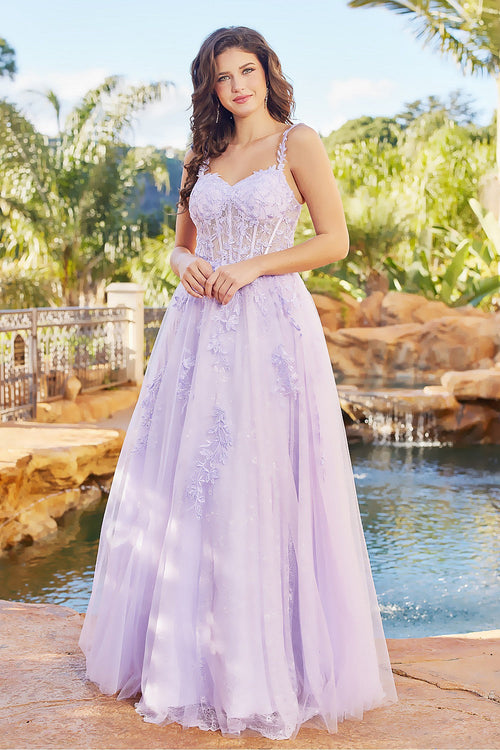 Prom Dresses Long A Line Corset Formal Applique Prom Dress Lilac