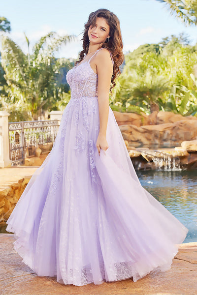Prom Dresses Long A Line Corset Formal Applique Prom Dress Lilac