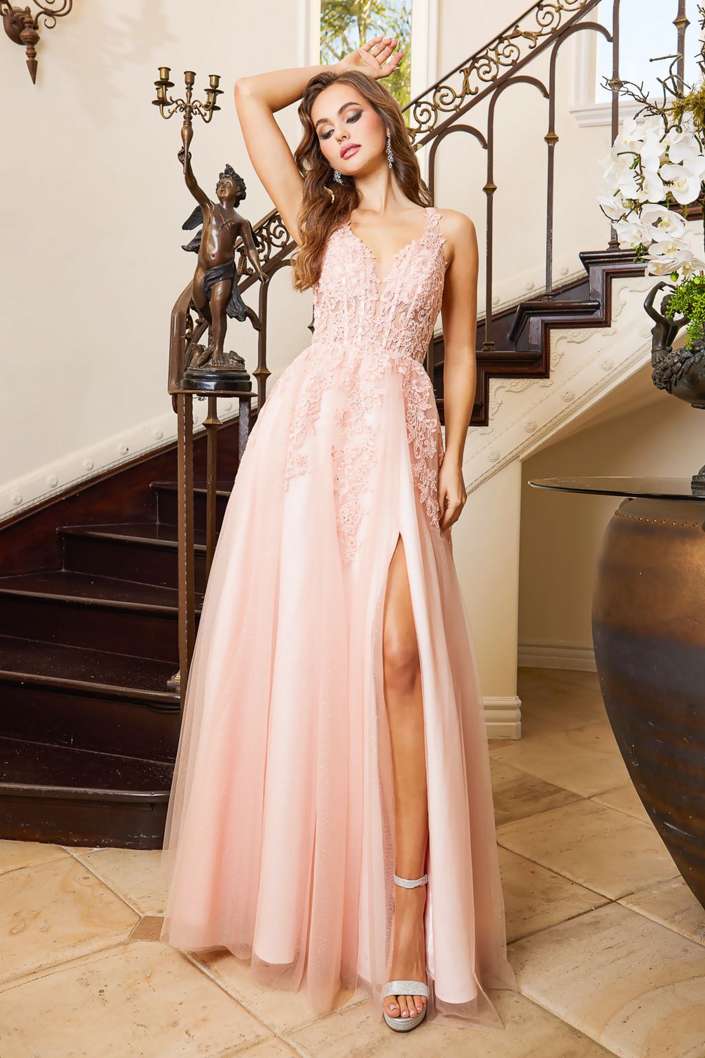 Prom Dresses Long Slit Prom A Line Lace fomal Dress Blush