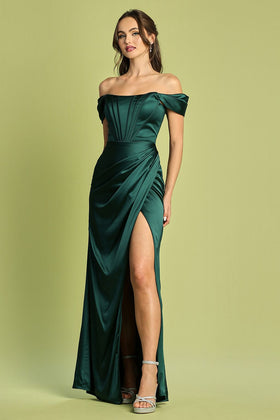 Adora Design 3103 Satin Corset Strapless Slit Fitted Prom Gown