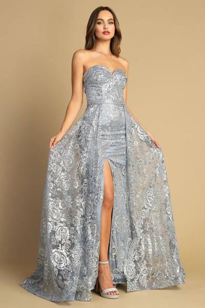 Prom Dresses Prom Long Glitter Print Overskirt Formal Dress Smoky Blue