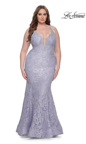 La Femme 31118 Floor-Length Plunging V-Neck Floral Lace Prom Dress with Open Back