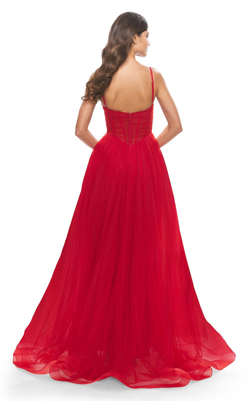 La Femme 31147C Tulle Corset Slit V Neck Prom Dress
