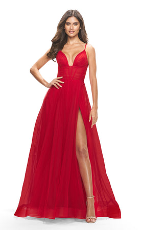 La Femme 31147C Tulle Corset Slit V Neck Prom Dress