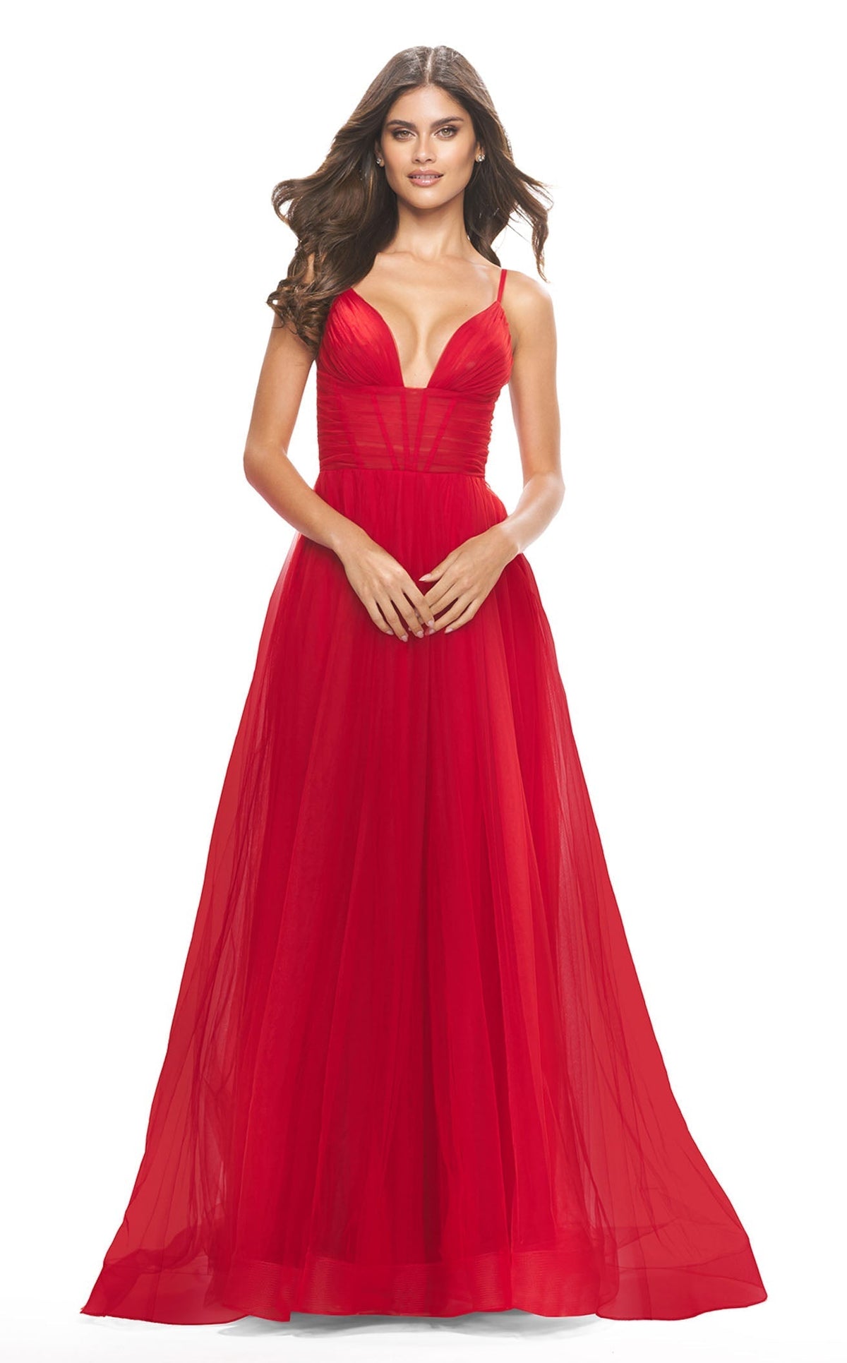 La Femme 31147C Tulle Corset Slit V Neck Prom Dress