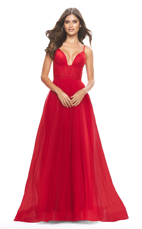 La Femme 31147C Tulle Corset Slit V Neck Prom Dress