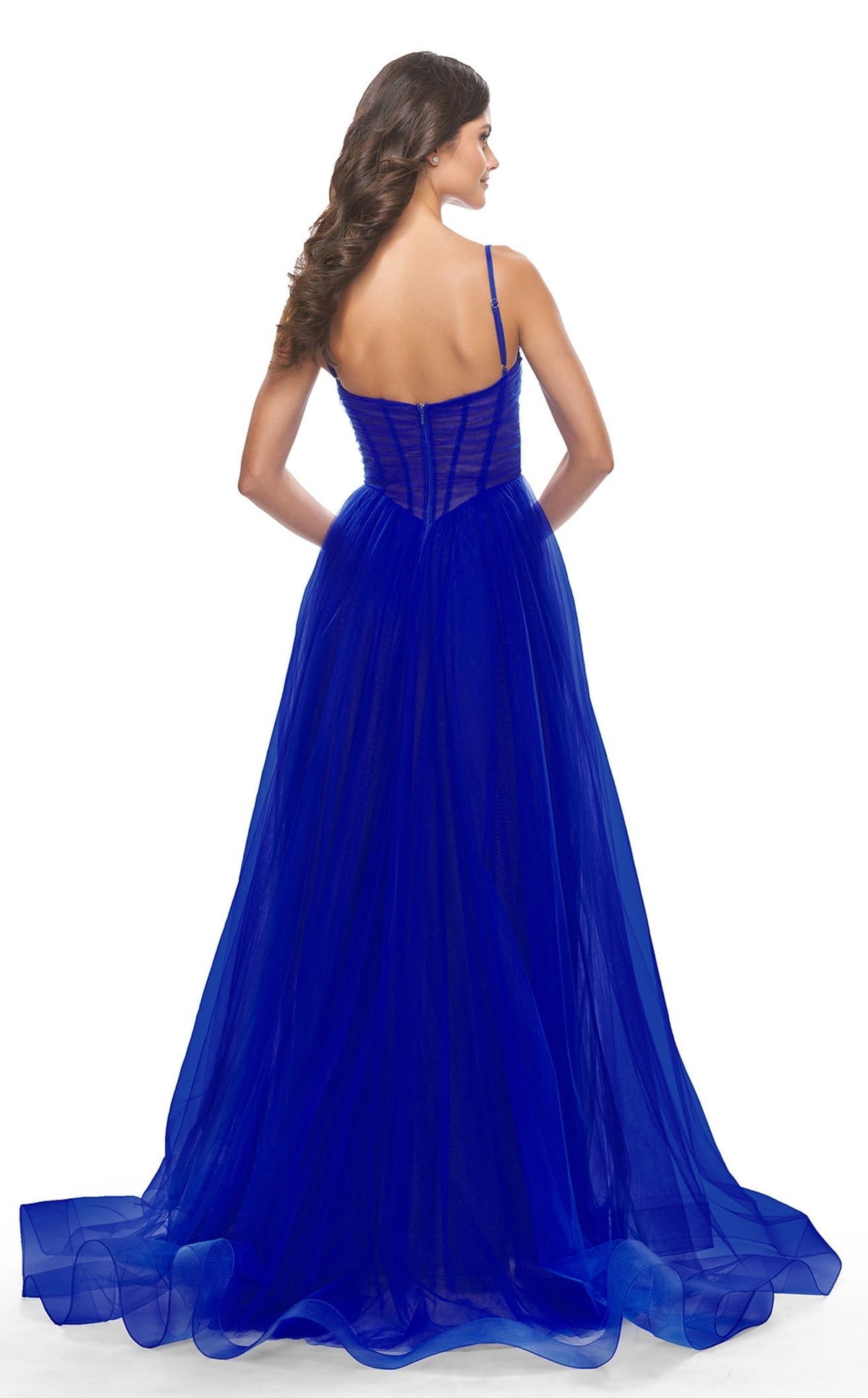 La Femme 31147C Tulle Corset Slit V Neck Prom Dress