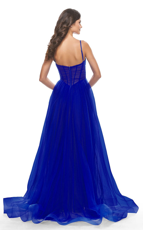 La Femme 31147C Tulle Corset Slit V Neck Prom Dress
