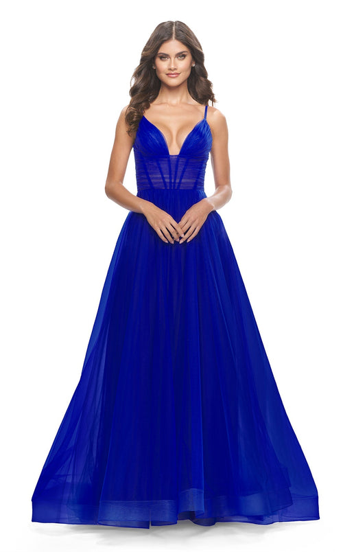 La Femme 31147C Tulle Corset Slit V Neck Prom Dress