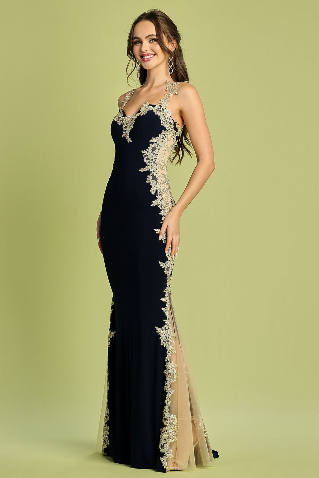 Prom Dresses Long Formal Mermaid Fit Applique Prom Dress Navy/Gold