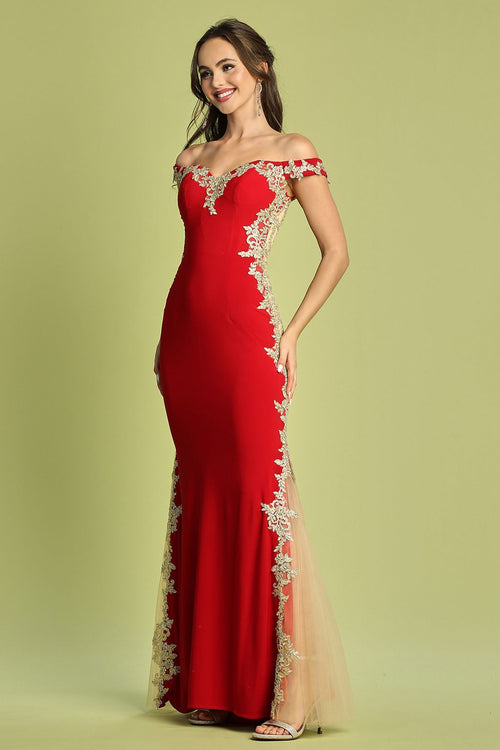 Prom Dresses Mermaid Long Formal Applique Prom Dress Red/Gold