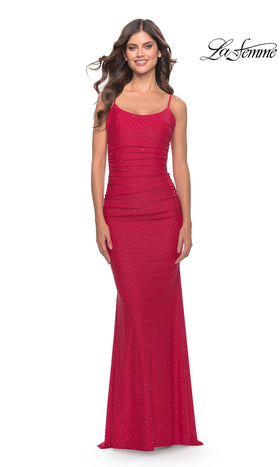 La Femme 31218 Floor-Length Scoop Neck Ruched Stretch Jersey Prom Dress with Open Back