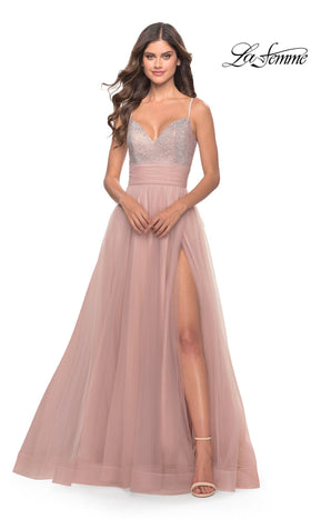 La Femme 31238 Floor-Length V-Neck Spaghetti Straps Beaded Prom Dress with Side Slit and Open Back