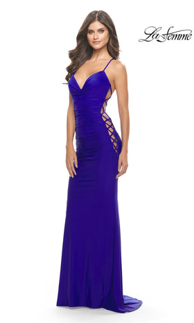 La Femme 31315 Floor-Length V-Neck Lace Prom Dress with Open Back and Train