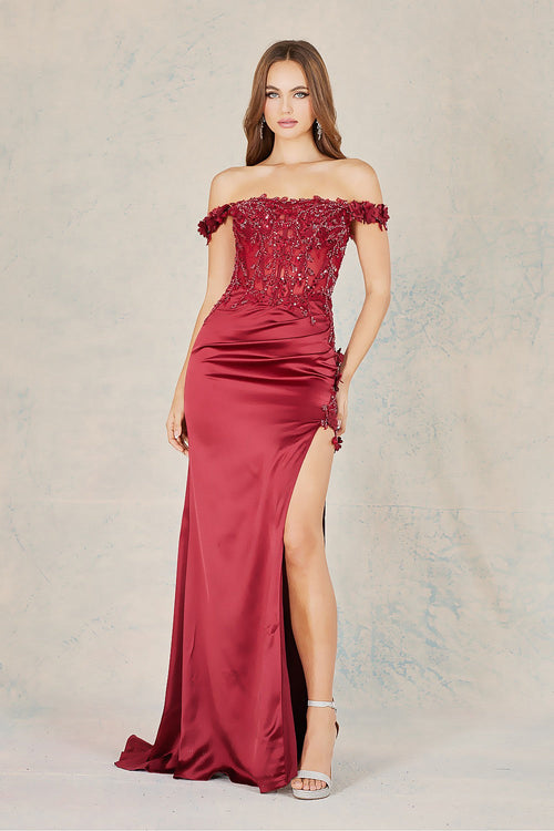 Prom Dresses Long Formal 3D Floral Applique Prom Dress Burgundy