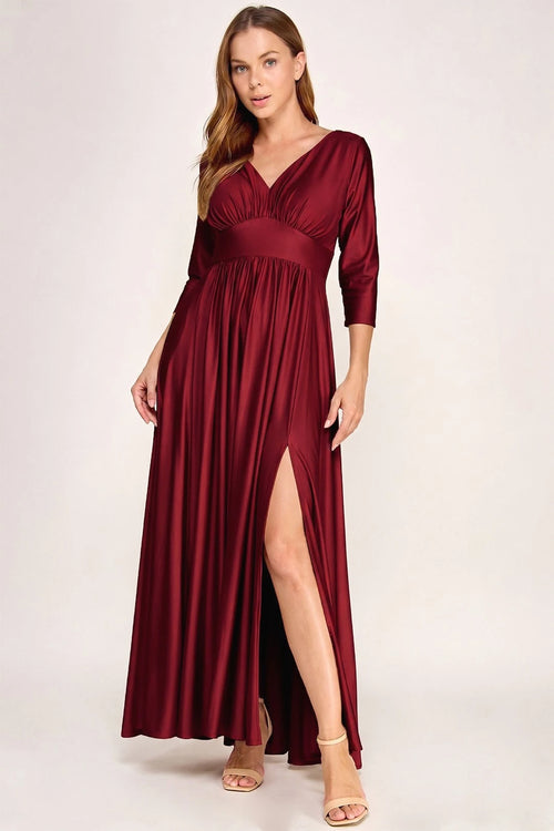Ruched Bodice V-Neck 3/4 Sleeve A-Line Full-Length Mother of the Bride Dress by Perrty 3132