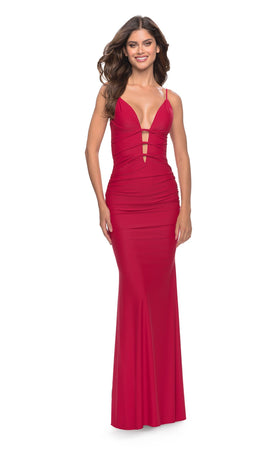 La Femme 31333C Jersey Ruched Slit V Neck Prom Dress