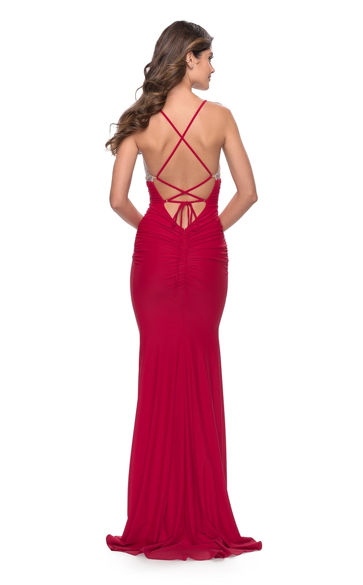 La Femme 31337C Lace Beaded Ruched V Neck Prom Dress