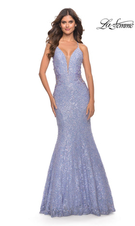 La Femme 31354 Floor-Length Plunging V-Neck Beaded Lace Prom Dress with Open Back