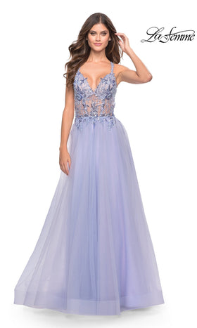La Femme 31369 Floor-Length Beaded Lace A-Line Prom Dress with Side Slit and Open Back