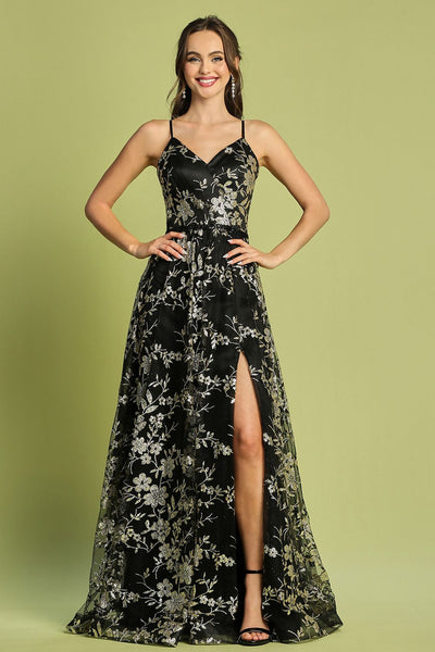 Prom Dresses Long Formal A Line Glitter Floral Print Prom Dress Black/Gold