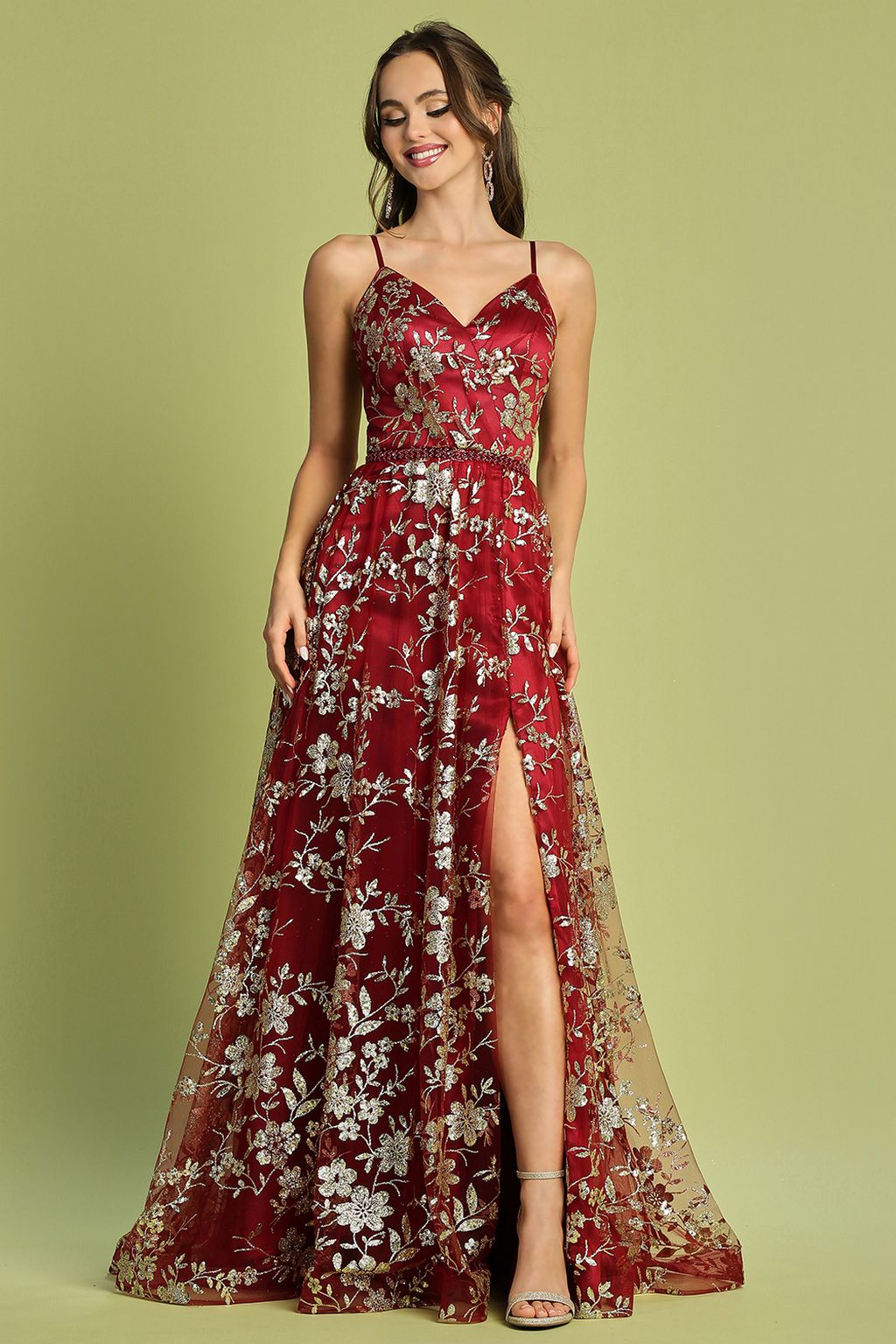Prom Dresses Long Formal A Line Glitter Floral Print Prom Dress Burgundy/Gold