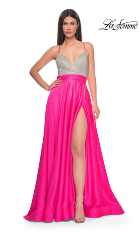 La Femme 31448 Floor-Length Beaded A-Line Prom Dress with Side Slit and Open Back