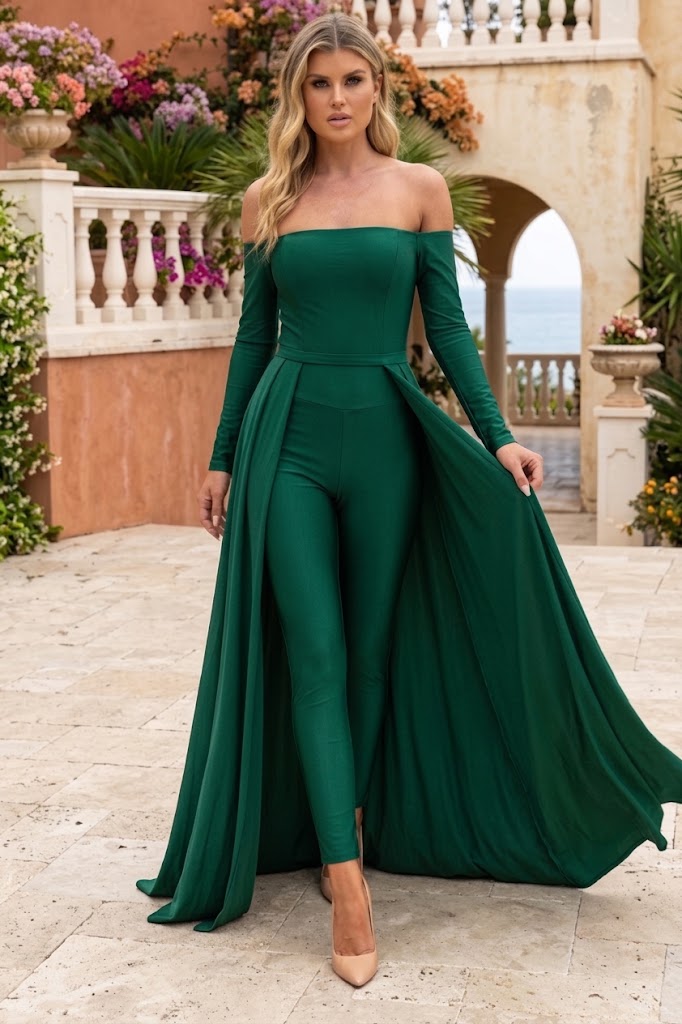 Off Shoulder Long-Sleeve Evening Jumpsuit with Open Lace-Up Back by Jessica Angel 877