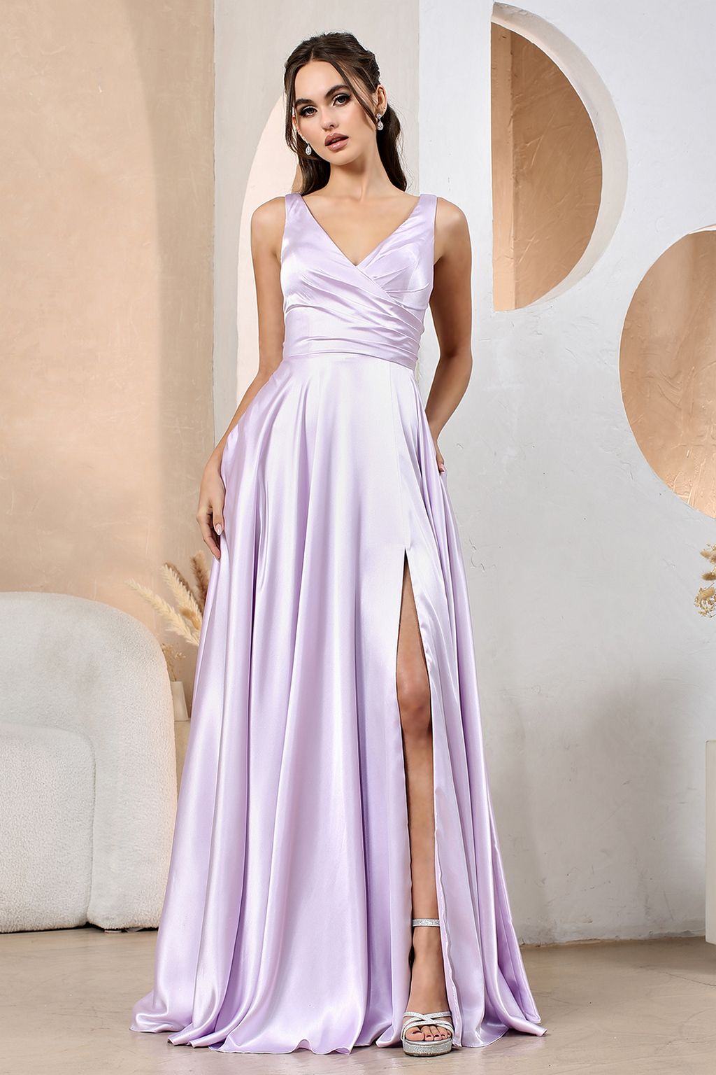 Prom Dresses Pleated Long Formal Slit A Line Prom Dress Lilac