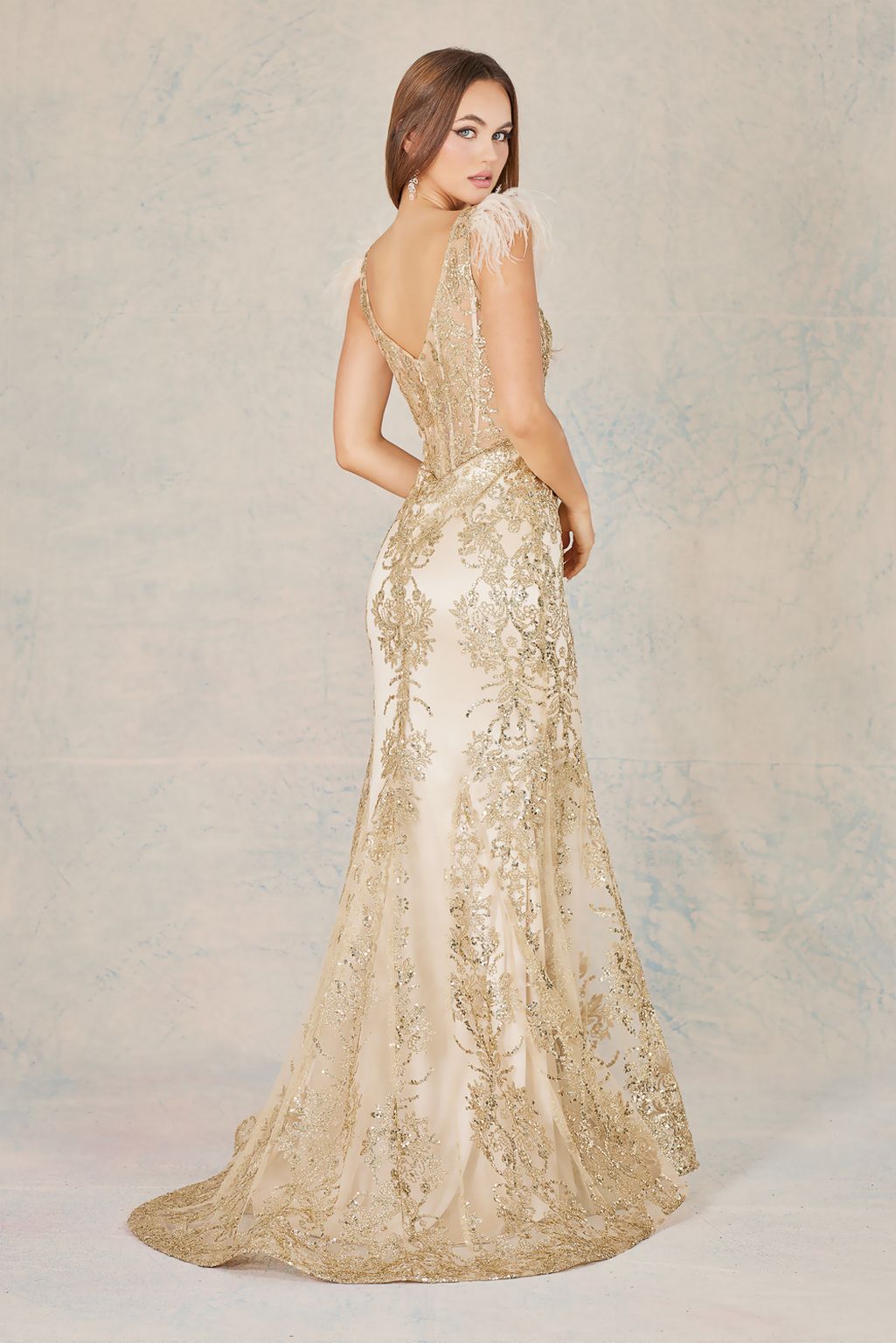 Prom Dresses Glitter Long Printed Prom Mermaid Formal Dress Champagne