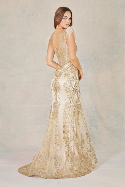 Prom Dresses Glitter Long Printed Prom Mermaid Formal Dress Champagne