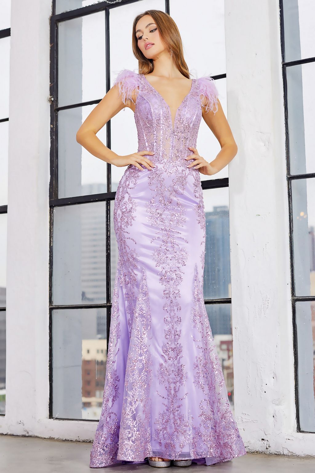 Prom Dresses Glitter Long Printed Prom Mermaid Formal Dress Lavender