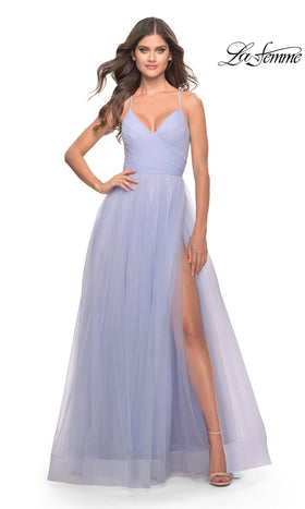 La Femme 31501 Floor-Length V-Neck Ruched Tulle Prom Dress with Side Slit