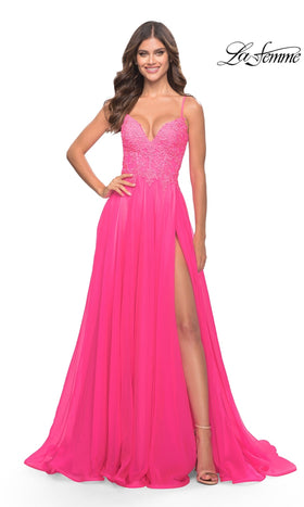 La Femme 31506 Floor-Length V-Neck Embroidered A-Line Prom Dress with Side Slit